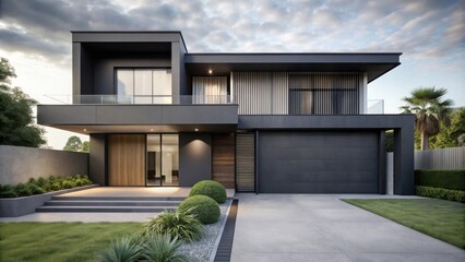 Poster - Modern Two-Story House with Sleek Dark Exterior and Landscaped Front Yard