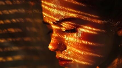 Aufkleber - A woman s face illuminated by sunlight streaming through blinds, her tears reflecting the light, her expression one of profound sadness and longing