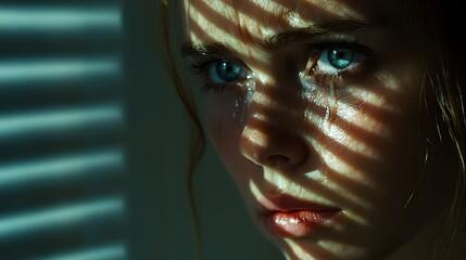Aufkleber - A woman s face illuminated by sunlight streaming through blinds, her tears reflecting the light, her expression one of profound sadness and longing
