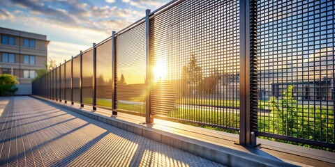 Poster - Modern Metal Mesh Fence at Sunset, Enhancing Security and Aesthetics