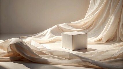 Poster - Cream-colored fabric drapes elegantly around a minimalist cube, bathed in soft, natural light, creating a serene and sophisticated display.