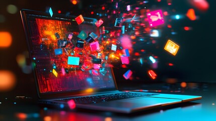 Wall Mural - digital illustration representing adware infection: colorful icons erupting from laptop screen amids