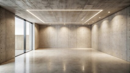 Poster - Modern minimalist empty room with concrete walls and polished floor, featuring a large window and recessed lighting