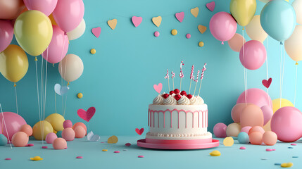 un fondo decorado con globos y corazones y un pastel de cumpleaños con velas con espacio de copia decorativo para fiesta o festejo infantil colorido