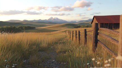 Wall Mural - Rustic fence, golden field, barn, mountain sunset.