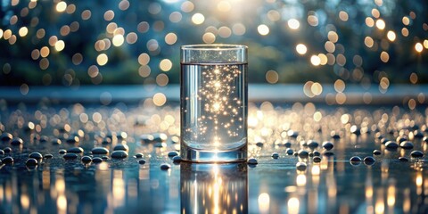 Poster - A Glass of Sparkling Water on a Reflective Surface with Bokeh Lights