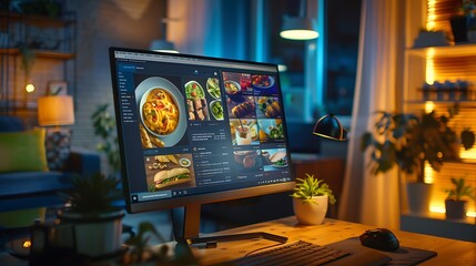digital composite of food photos on computer screen in living room at night