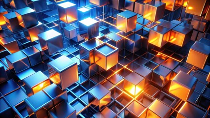 Poster - Abstract metallic cube structure with warm and cool light reflections
