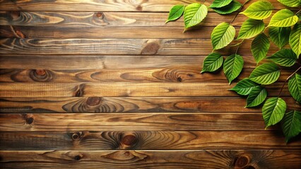 Poster - Rustic Wooden Background with Vibrant Green Leaves for Spring or Summer Designs