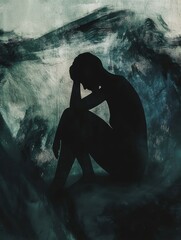 Aufkleber - Sitting in shadow while battling inner turmoil, a persons silhouette reflects deep emotions intertwined with abstract chaos. Generative AI