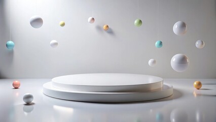 Leinwandbilder - Minimalist Display with Floating Pastel Spheres and White Circular Platform