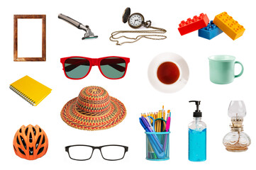 set of summer and objects accessories isolated on white background.