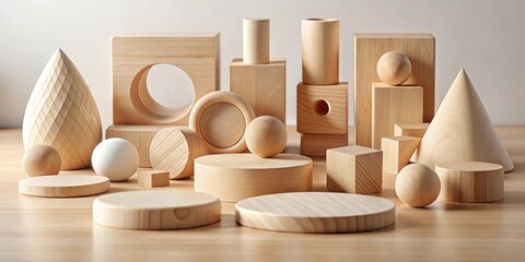 Aufkleber - Wooden Geometric Shapes and Cylinders on a Tabletop