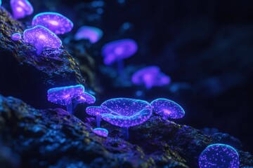 Poster - Glowing bacteria illuminate rocky surface creating a stunning bioluminescent effect at night. Generative AI