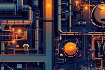 Poster - Geometric industrial pattern highlighting oil tanks and interconnected pipes in a large facility. Generative AI