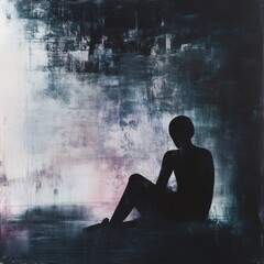 Aufkleber - Person sits in shadow surrounded by abstract elements reflecting mental turmoil in a dimly lit space. Generative AI