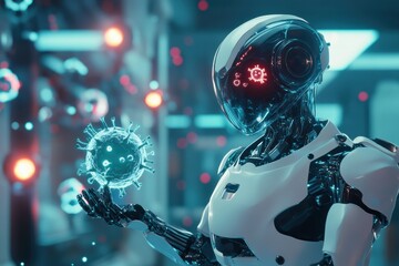 Fototapete - Robots neutralizing viruses in a futuristic lab environment to enhance public health safety and research efforts. Generative AI