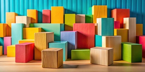Leinwandbilder - Colorful Wooden Blocks Arranged in an Abstract Composition on a Wooden Surface