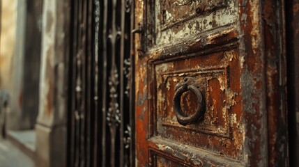 Wall Mural - A close-up of a rusty, old iron door with peeling paint and a grunge texture, reflecting the passage of time in an abandoned space.