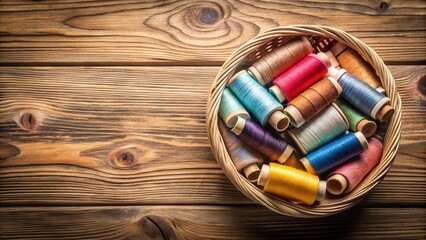 Poster - A colorful assortment of thread spools in a woven basket rests on a rustic wooden surface