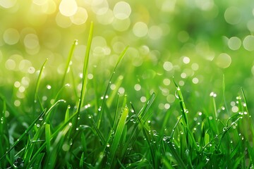 Fresh green grass with dew drops closeup. Nature background.