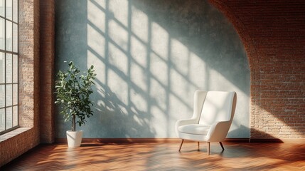 Wall Mural - Sunny loft interior, armchair, plant, window light, brick wall.