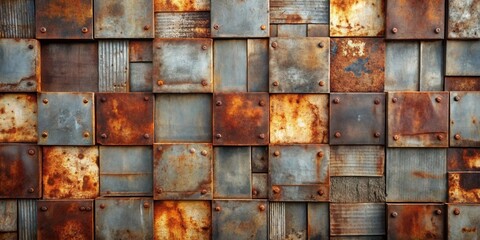 Aufkleber - Rustic Metal and Wood Paneling A Textured Background of Weathered Squares with Rivets