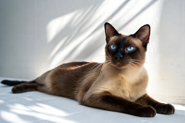 Adult siamese or Thai cat lying in front of white background in sunlight.