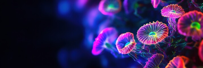 Aufkleber - Glowing bacteria exhibit vibrant colors under ultraviolet light in a dark environment. Generative AI