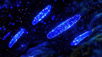 Aufkleber - Illuminated glowing bacteria showcasing bioluminescence under ultraviolet light in a dark environment. Generative AI
