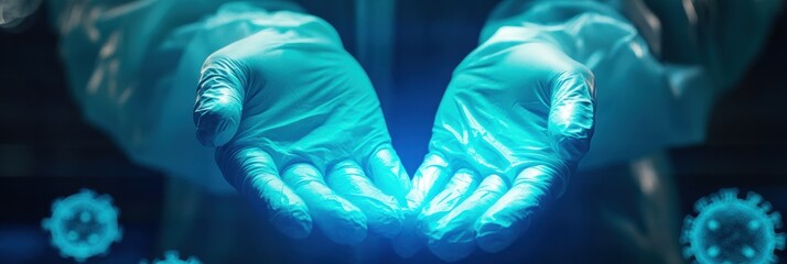 Poster - Protective mask and gloves presented with fading virus illustrations in an abstract environment. Generative AI