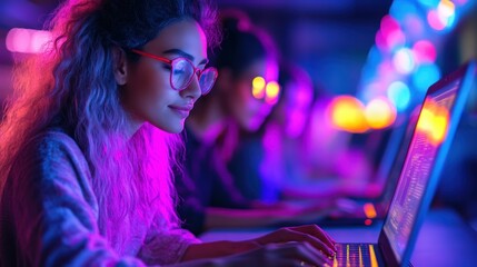 Focused female programmer coding late night, team in background, vibrant office