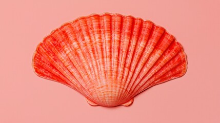 A vibrant coral-colored scallop shell against a soft pink background.