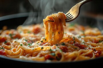 Wall Mural - artistic food photography of bronze fork twirling handmade pasta rich tomato sauce dripping elegantly steam rising warm directional lighting rustic italian styling