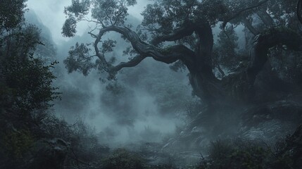 Mysterious fog shrouds ancient tree in dark forest.