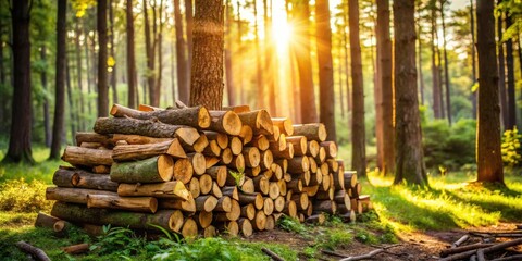 Poster - Golden Hour Lumber Stack in a Verdant Forest