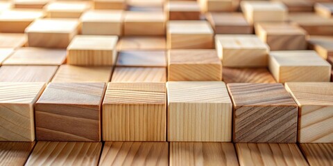 Aufkleber - Wooden cube arrangement, a textured background of natural wood blocks in varying shades and grain patterns