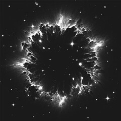 Leinwandbilder - Supernova explosion with dark cosmic void in deep space surrounded by glowing light shock wave and bright distant stars. Starburst nebula in stippling style. Dotwork. Pointillism. Vector illustration