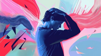 Leinwandbilder - Individual is seen holding their head amidst swirling colors and sharp forms, visually expressing feelings of pain and emotional turmoil