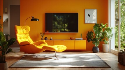 Wall Mural - Yellow armchair in sunny living room with TV.