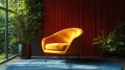 Wall Mural - Yellow armchair in modern room with plants, red wall, garden view.