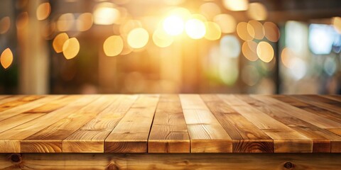 Poster - Warm Wooden Tabletop Against a Blurred Festive Background