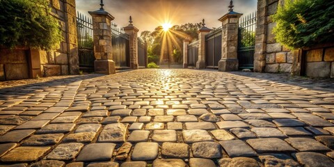 Fototapete - Golden Sunset Illuminates Cobblestone Path Through Ornate Stone Gate