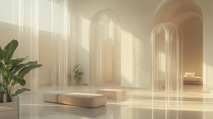 Poster - An empty, minimalist room with transparent tubes and sleek, modern furnishings, offering a clean and contemporary design aesthetic in a 3D render.