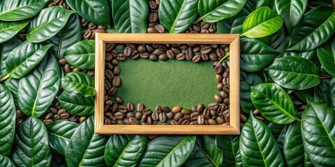 Sticker - Wooden Frame Surrounded by Coffee Beans and Lush Green Leaves with a Central Green Background