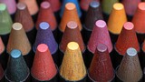 Close-up of numerous colorful crayons arranged in rows, showcasing their textured tips and diverse hues.