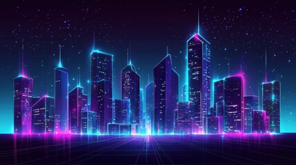 Leinwandbilder - Glowing cityscape with vibrant skyscrapers illuminated by neon lights at night. Generative AI