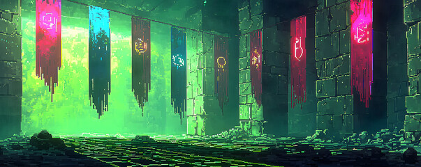 Wall Mural - a room with a green wall and a banner with the word 
