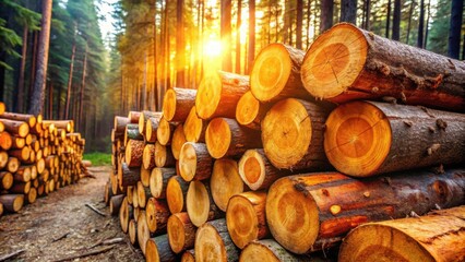 Poster - Golden Hour Lumber Pile in a Sun-Drenched Forest