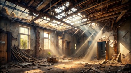Aufkleber - Sunbeams Illuminate a Derelict Building's Interior, Dust Motes Dancing in Golden Light